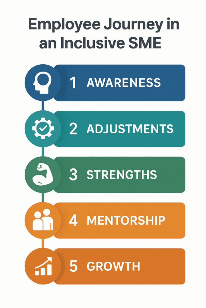 Employee Journey at an inclusive SME: 1. Awareness; 2. Adjustments; 3. Strengths; 4. Mentorship; 5. Growth