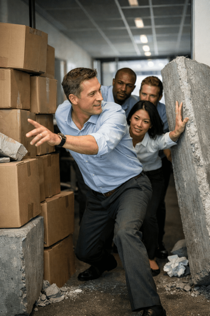 Workers navigating around boxes